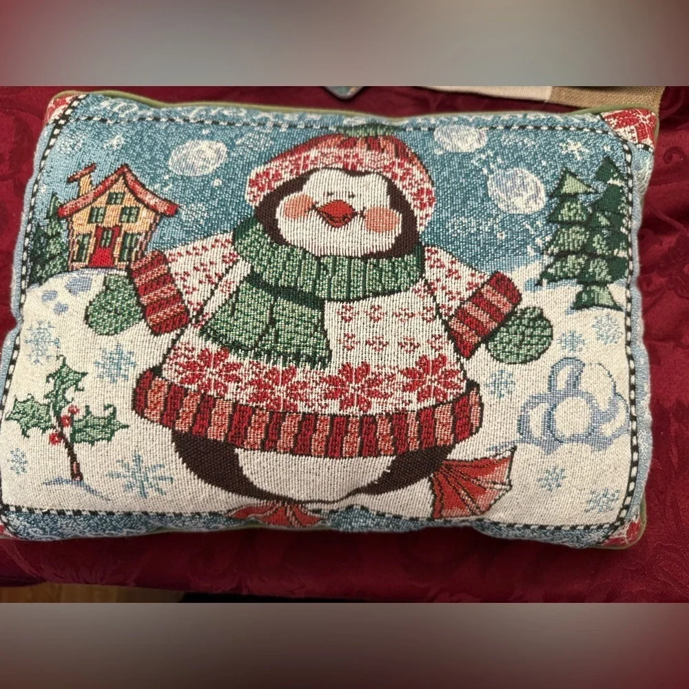 VINTAGE TAPESTRY WINTER SNOWBALL SNOW FLAKE PENGUIN PILLOW 17”ACROSS LENGTH 12”